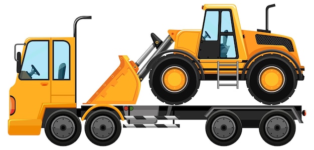 Dépanneuse transportant un bulldozer sur blanc