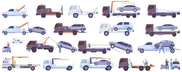 Vecteur gratuit dépanneuses pour obtenir de l'aide sur la route avec un ensemble plat de transport automobile remorqué illustration vectorielle isolée