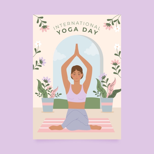 Vecteur gratuit dépliant ou affiche de yoga plat dessiné à la main pour la journée internationale du yoga