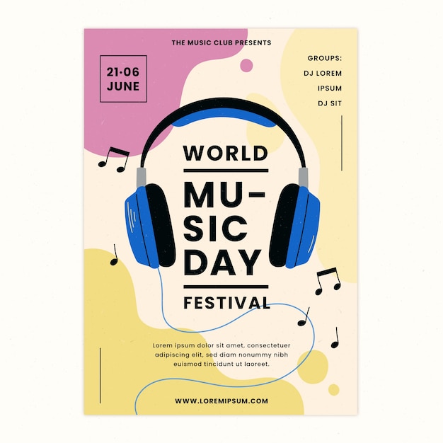 Vecteur gratuit dépliant de la journée mondiale de la musique dessiné à la main avec un casque