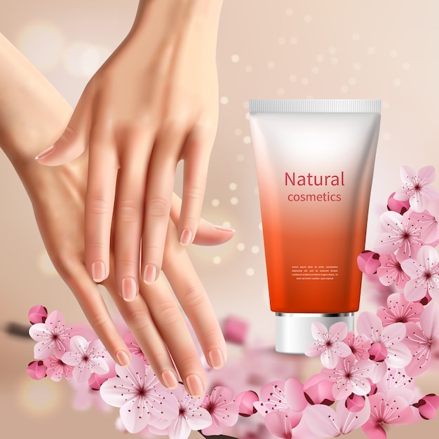 Vecteur gratuit dépliant de promotion de sakura avec les mains des femmes et un tube de crème pour les mains avec un nom naturel