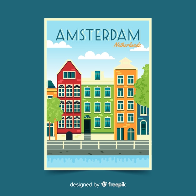 Vecteur gratuit dépliant promotionnel rétro d'amsterdam