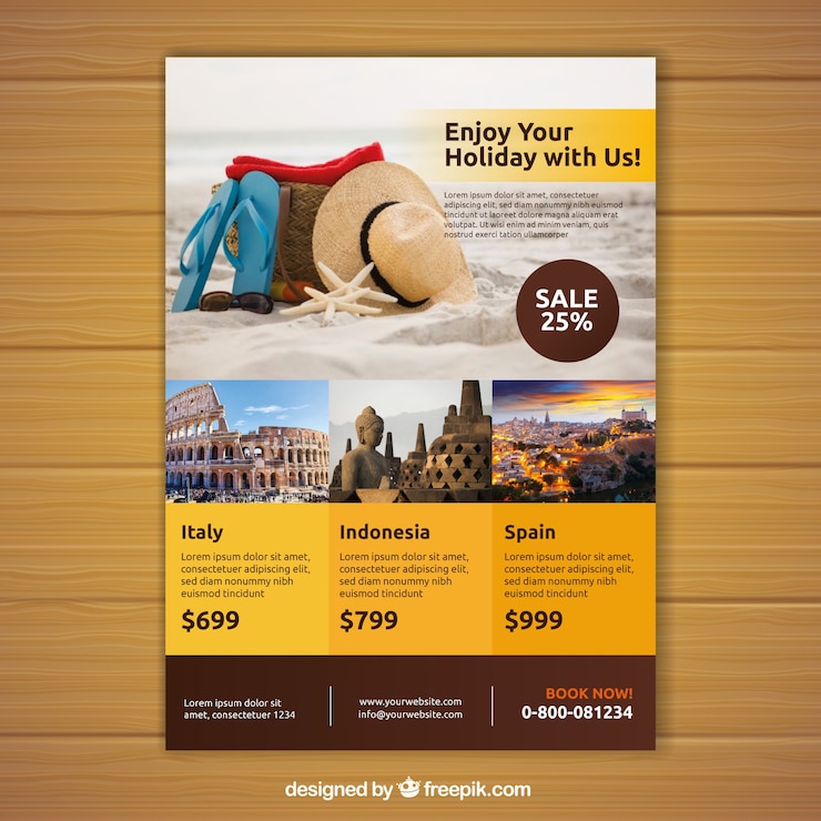 Vecteur gratuit dépliant de voyage avec photo des destinations
