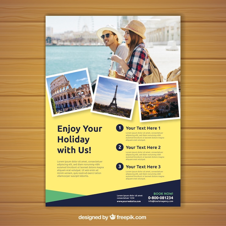 Vecteur gratuit dépliant de voyage avec photo des destinations