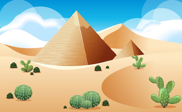 Vecteur gratuit désert avec paysage de pyramide et de cactus à la scène du jour