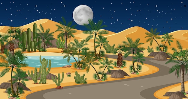 Désert avec route et palmiers et paysage naturel de catus à la scène de nuit