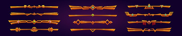 Vecteur gratuit design de cadre de bouton ui de jeu fantastique doré icône d'élément d'interface métallique doré médiéval pour rpg étiquette de signe de diviseur avec ensemble de pierre précieuse hud illustration de badge de ligne décorative de dessin animé pour application
