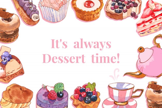 Design cadre dessert avec tarte, cupcake, illustration aquarelle de théière.