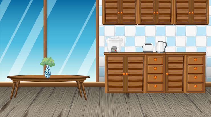 Vecteur gratuit design d'intérieur de salle de cuisine avec armoire de comptoir et table centrale