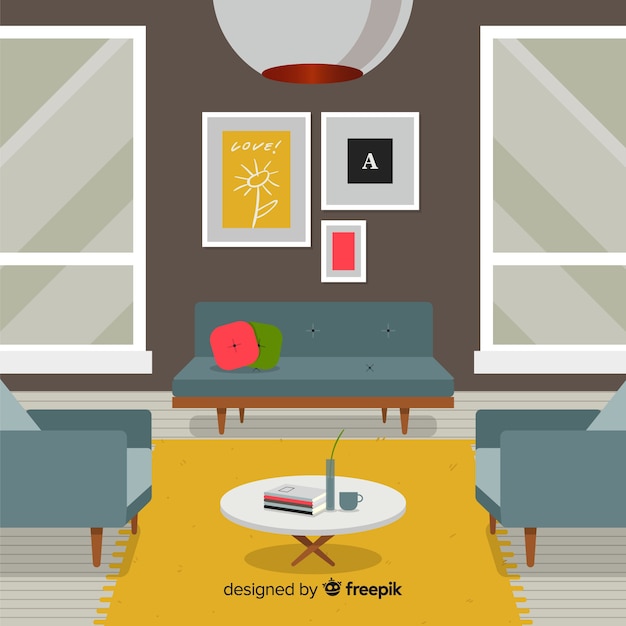 Vecteur gratuit design d'intérieur de salon moderne avec un design plat