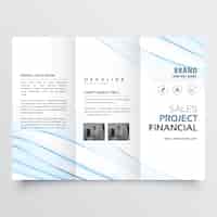 Vecteur gratuit design minimaliste brochure à trois volets flyer dépliant propre avec vague bleue