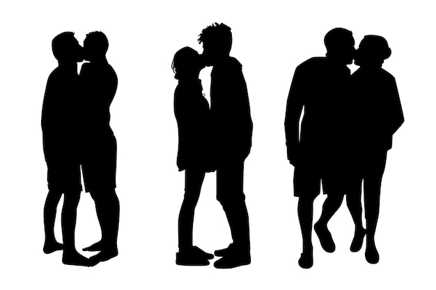 Vecteur gratuit design plat couple s'embrassant silhouette