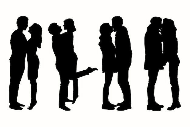 Vecteur gratuit design plat couple s'embrassant silhouette