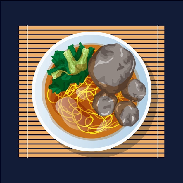 Vecteur gratuit design plat délicieux bakso dans un bol