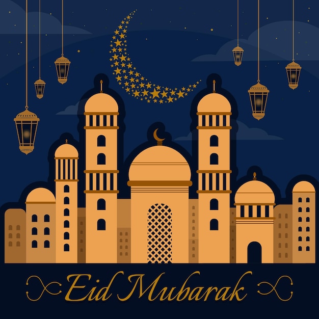 Vecteur gratuit design plat eid mubarak avec mosquée, lune et bougies