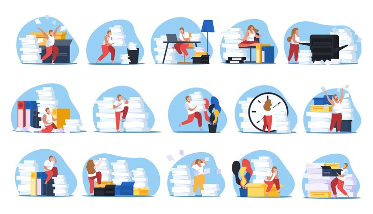 Vecteur gratuit design plat ensemble d'icônes avec fatigué des gens de travail papier isolés sur illustration vectorielle fond blanc