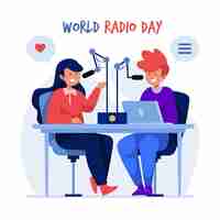 Vecteur gratuit design plat de fond de la journée mondiale de la radio avec des présentateurs