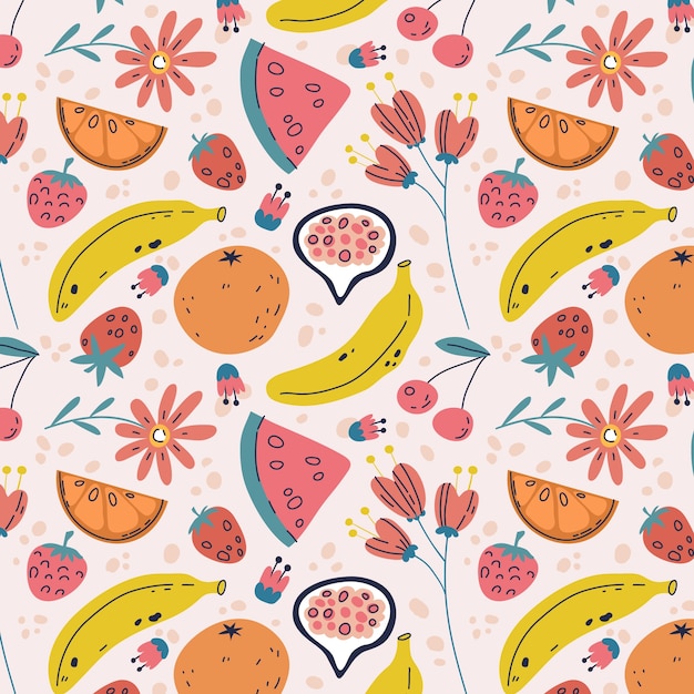 Vecteur gratuit design plat de fruits et de motifs floraux