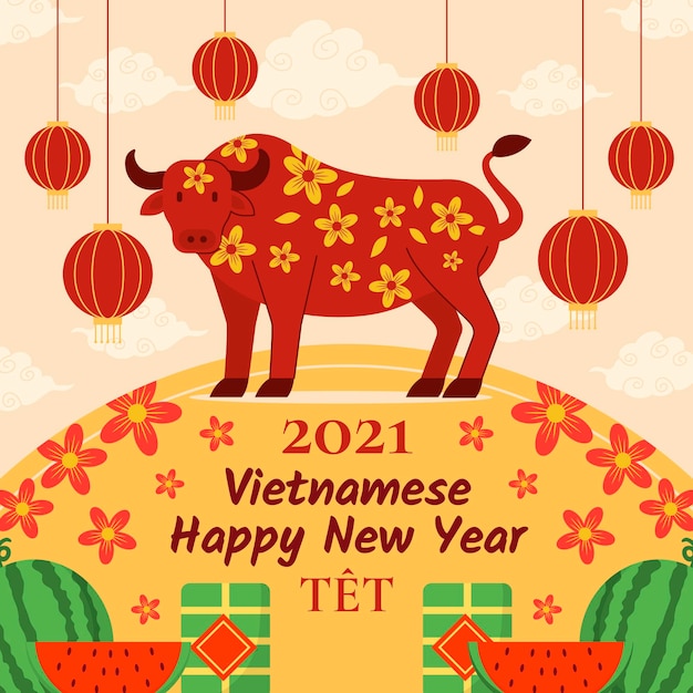 Vecteur gratuit design plat têt (nouvel an vietnamien) fond avec taureau