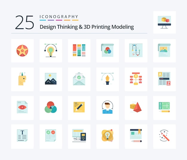 Vecteur gratuit design thinking and d printing modeling 25 pack d'icônes flat color comprenant un brusher de papier peint filaire