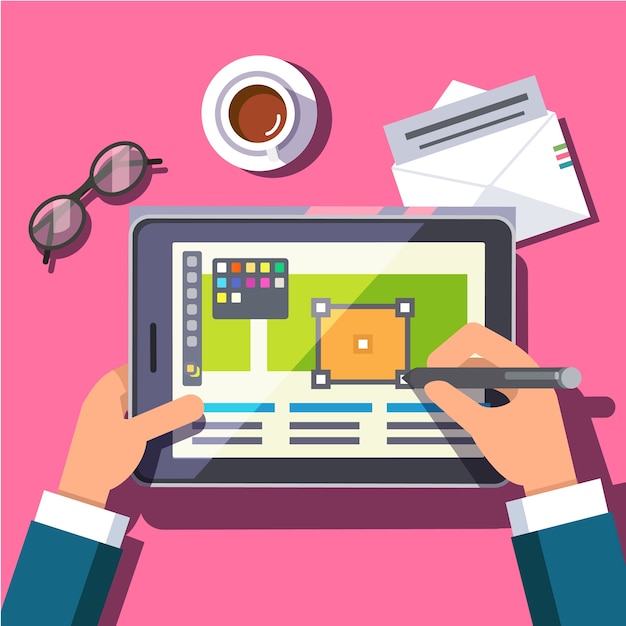 Vecteur gratuit designer travaillant sur une tablette informatique