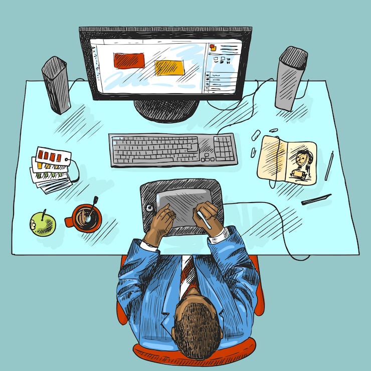 Vecteur gratuit designer work place tools with man sitting on table top view croquis coloré illustration vectorielle