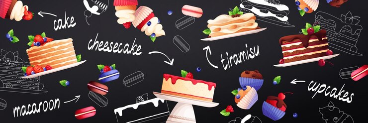 Vecteur gratuit desserts plat horizontal modèle sans couture bannière avec gâteaux macarons cupcakes tiramisu cheesecakes sur illustration vectorielle fond noir