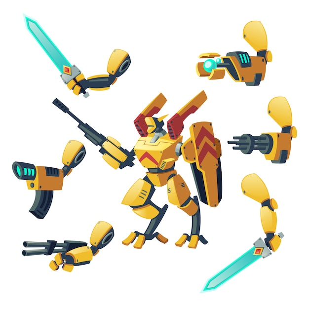 Vecteur gratuit dessin animé androïde, soldat humain dans des exosquelettes de combat robotiques avec des armes à feu