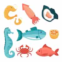 Vecteur gratuit dessin animé animaux de la vie marine mignon crevette calamar hippocampe poisson crabe et crustacés illustration vectorielle