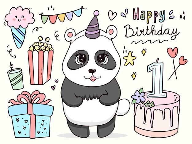 Carte D Anniversaire Avec Un Ours Panda Dans Un Style Plat Vecteur Gratuite