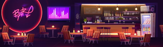 Vecteur gratuit dessin animé bar de nuit design d'intérieur illustration vectorielle de pub avec tables et chaises verres à cocktail sur comptoir bouteilles de boissons alcoolisées sur étagères réfrigérateur écran de télévision et fléchettes sur mur