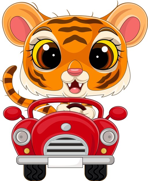 Dessin Anime Bebe Tigre Au Volant D Une Voiture Rouge Vecteur Premium
