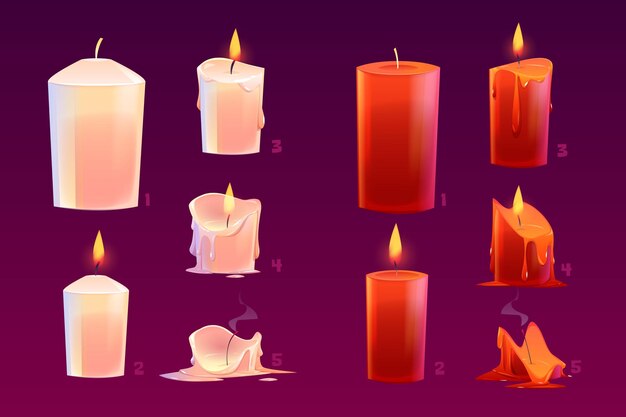 Dessin animé bougies brûlant animation séquence de mouvement lumières rougeoyantes et éteintes avec de la cire fondue