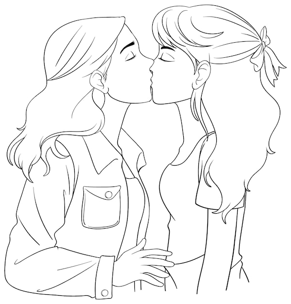 Dessin animé de couple de lesbiennes baiser contour doodle