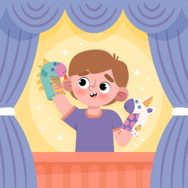 Vecteur gratuit dessin animé enfant jouant avec des marionnettes à main