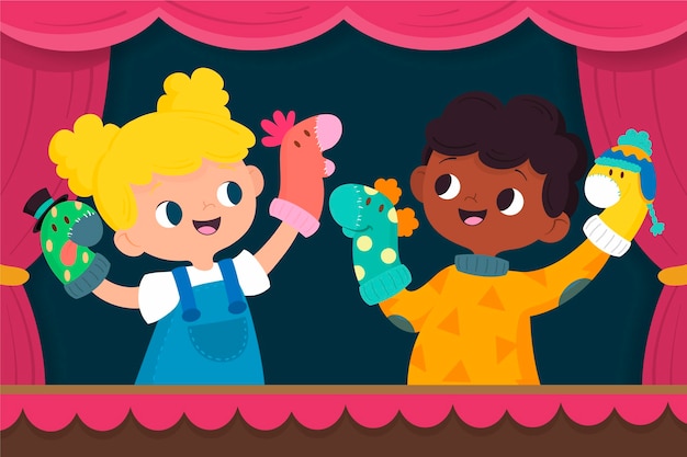 Vecteur gratuit dessin animé enfants jouant avec des marionnettes à main