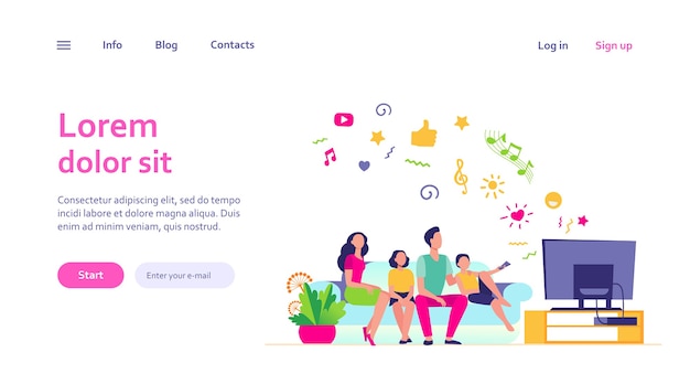 Dessin Animé Famille Heureuse, Regarder La Télévision Ensemble Modèle Web Isolé. Mère, Père Et Enfants Se Détendre Sur Le Canapé à La Maison