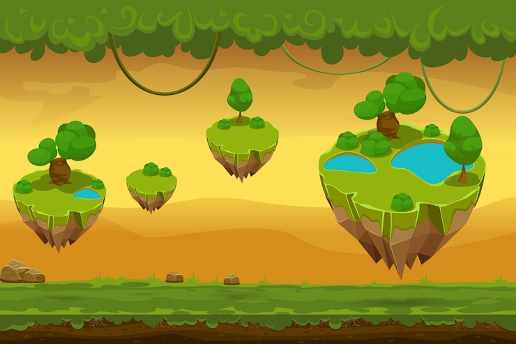 Vecteur gratuit dessin animé fantastique paysage forestier. panorama de la nature pour gibier, liane et gazon, jeu de paysage. illustration vectorielle