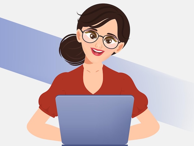 Vecteur gratuit dessin animé femme d'affaires travaillant avec un geste d'ordinateur portable pose une image clipart.
