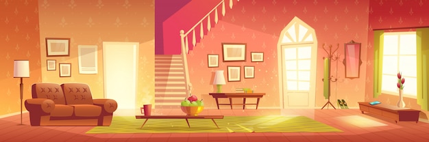Vecteur gratuit dessin animé intérieur maison confortable salon