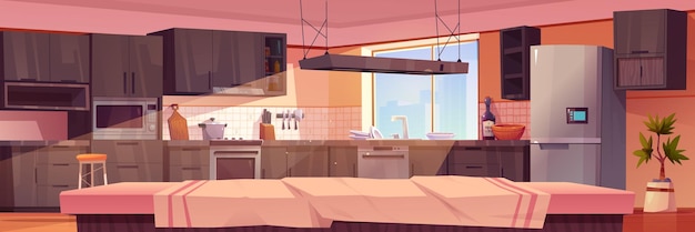 Vecteur gratuit dessin animé maison cuisine intérieur table vue vecteur fond illustration réfrigérateur poêle évier et comptoir meubles dans la maison moderne chambre cuisine appartement équipement modulaire près de la fenêtre pour la lumière du soleil