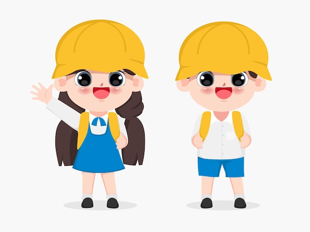 Vecteur gratuit dessin animé mignon enfants heureux en uniforme d'étudiant asiatique. dessin d'illustration vectorielle de personnes de caractère.