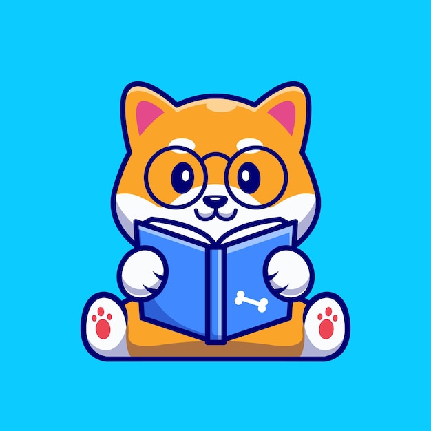 Vecteur gratuit dessin animé mignon livre de lecture de chien shiba inu