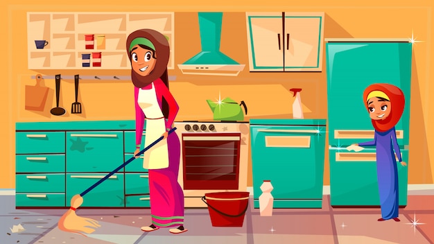 Dessin Animé Musulman Khaliji Mère, Fille Dans Hijab Nettoyage Cuisine Ensemble