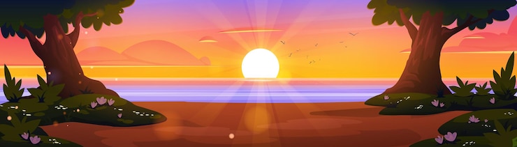 Vecteur gratuit dessin animé nature paysage été coucher de soleil fond