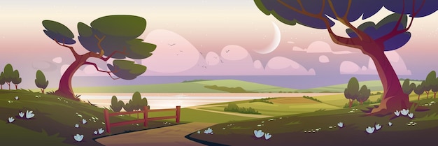 Vecteur gratuit dessin animé nature paysage lever du soleil tôt le matin