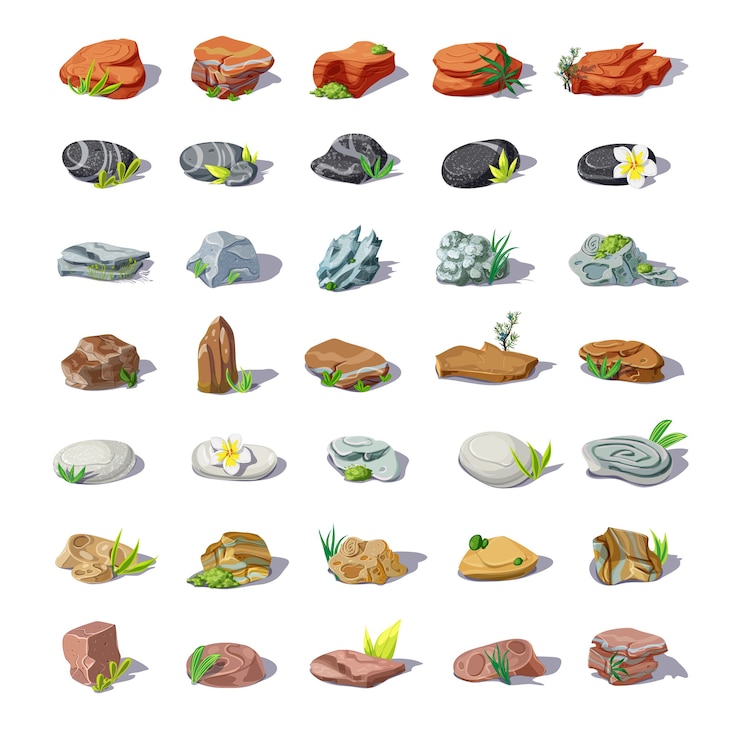 Vecteur gratuit dessin animé pierres colorées sertie de rochers cailloux grès gravats roches pavés de différentes formes isolées