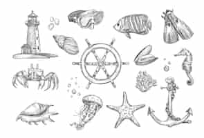 Vecteur gratuit dessin à la main collection d'illustrations d'éléments nautiques