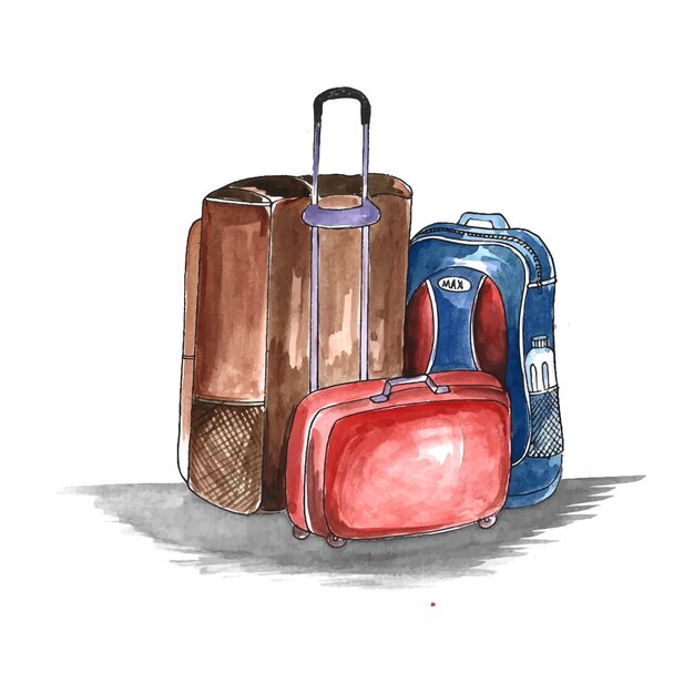 Dessin à la main voyageant fond de bagages aquarelle coloré