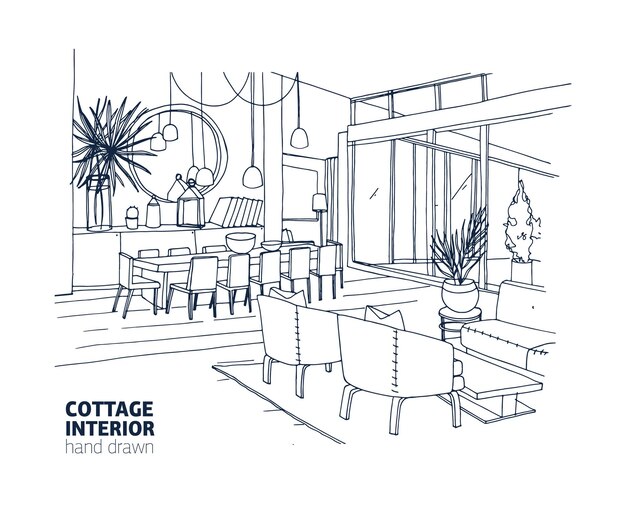 Dessin Monochrome De L Interieur Du Salon Avec Canape Chaises Table Basse Et Autres Meubles Modernes Croquis Dessine Main D Appartement Meuble Dans Un Style Scandinave Ou Loft Illustration Vectorielle Vecteur Premium